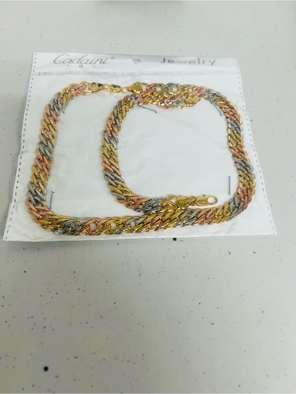 Tri-Tone Chain Necklace and Bracelet Set - Gold, Silver, Rose Gold #0024